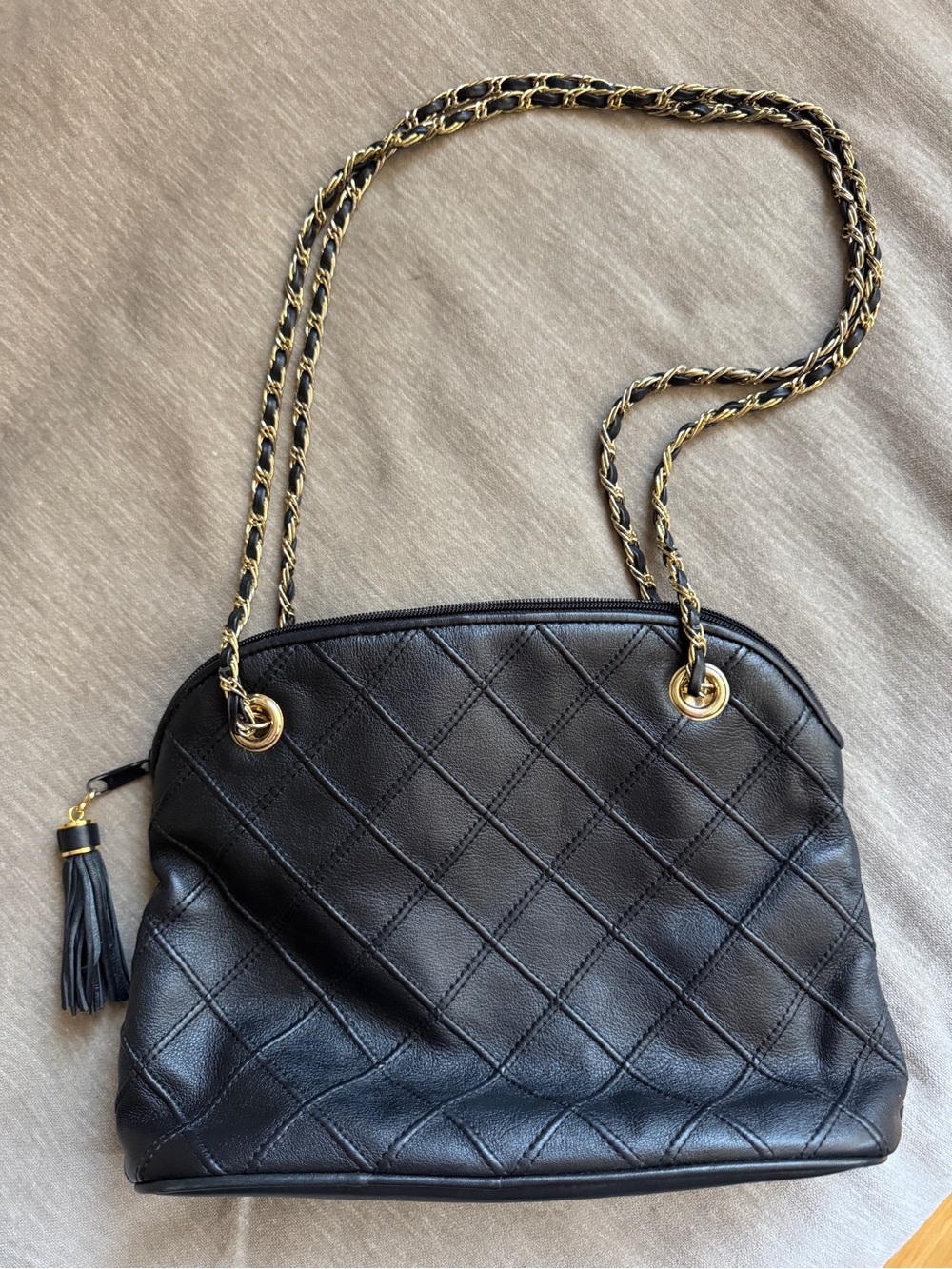 Saks Fifth Avenue Black Quilted Shoulder Bag with Gold Chain Straps and Tassel